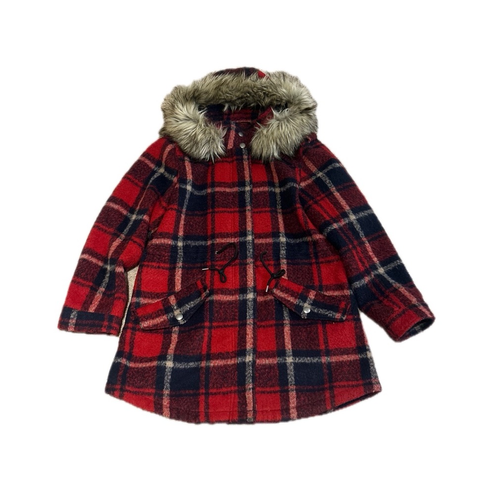 American Eagle Outfitters Red and Black Plaid Jacket with Faux Fur - Picture 5 of 8